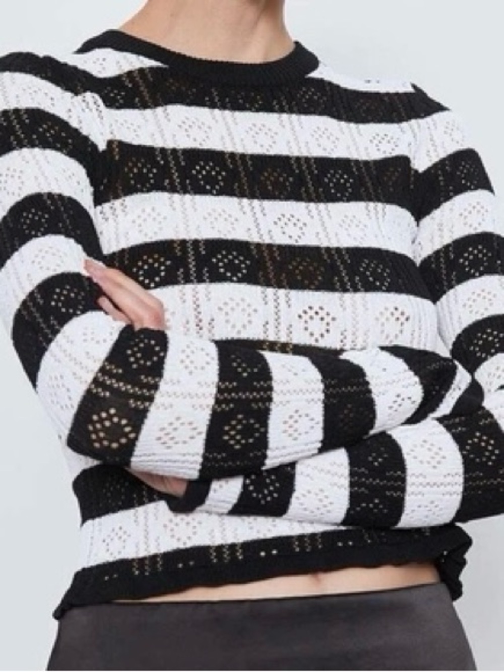 Zara Black and White Pointelle Striped Openwork Crew Sweater